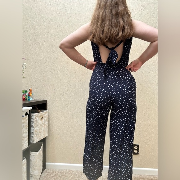 LOFT Size small Navy Blue Polka-dot Ankle Crop Wide Leg Jumpsuit with Pockets - Picture 2 of 8